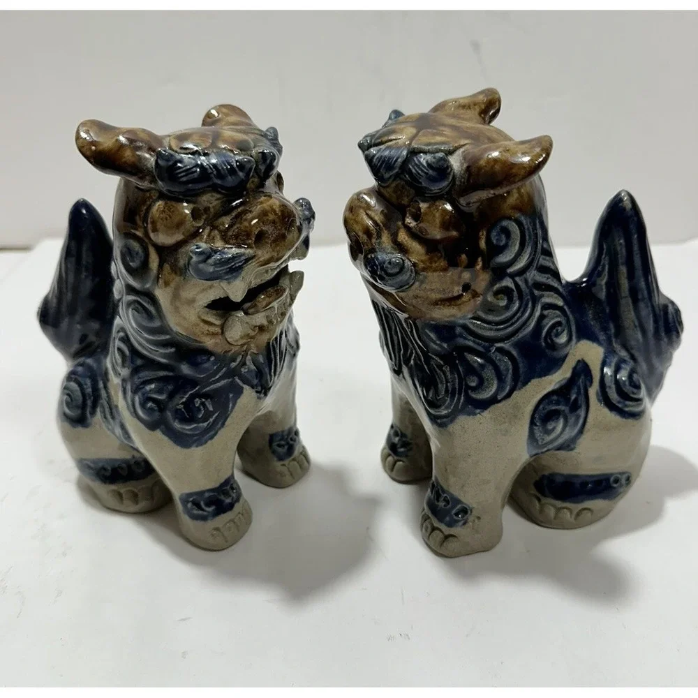 Vintage Japanese Foo Dogs Ceramic Pair Blue‎ 6 Inch Figurine
